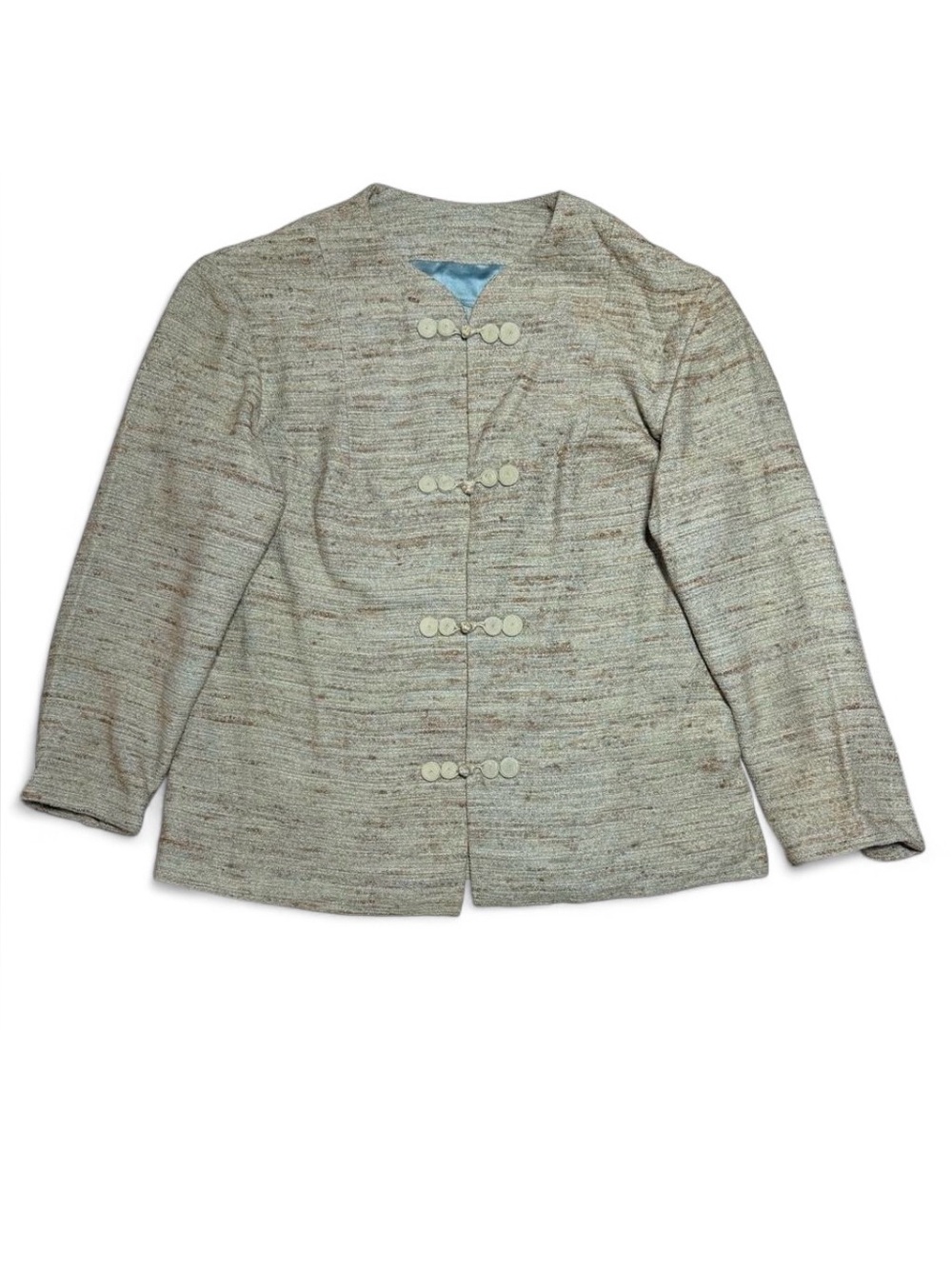 Vintage Green Beige Slub Tweed Blazer Frog Closure Collarless Jacket Women’s S